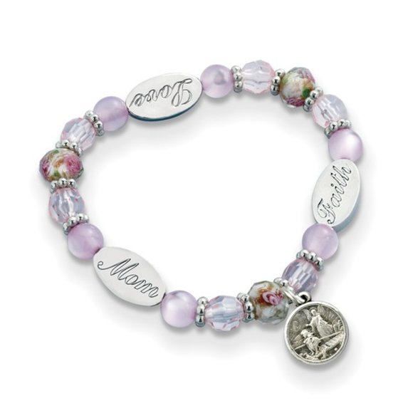 Silver-tone Purple Glass Beads Love Faith Mom w Guardian Angel Dangle Bracelet - Picture 1 of 5
